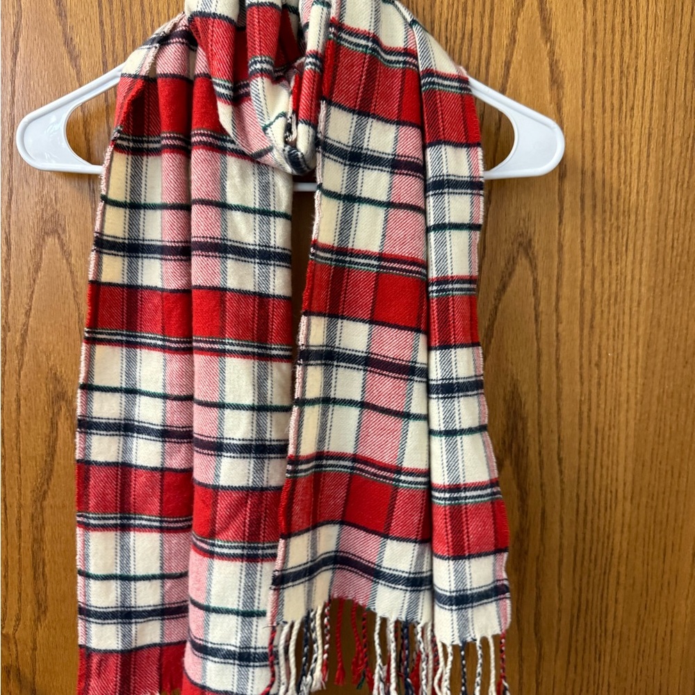 Lands End Plaid Fringe Scarf Red and Pink Checkered Tartan Pattern